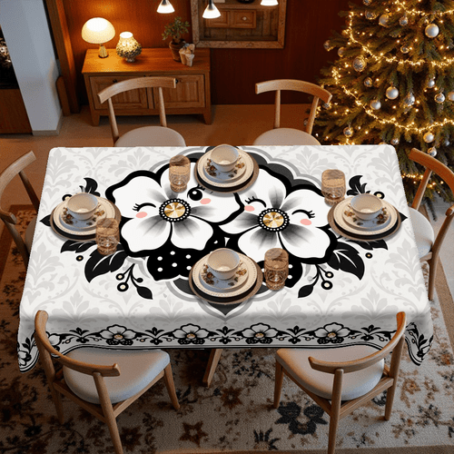 1pc tablecloth christmas decorations theme style vintage black white floral printed tablecloth retro damask pattern table cover suitable for home dining room kitchen cafe banquet table decoration