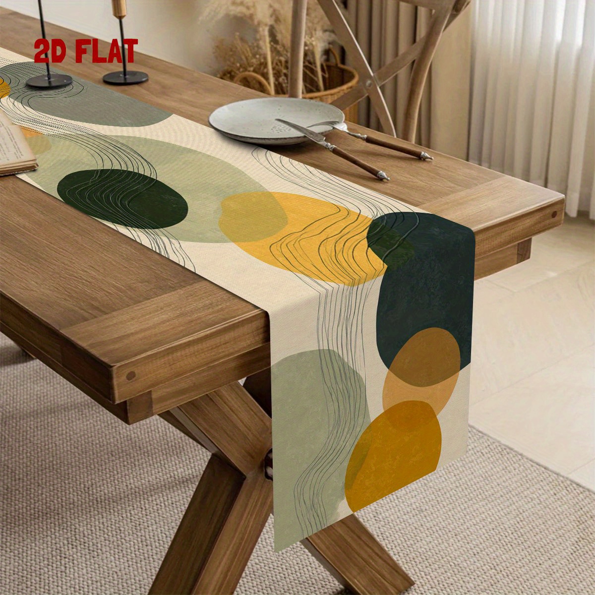 TEMU 1pc Autumn And Winter Table Runner, Colorful Round 2d Print Design | Fresh Artistic Style | Bright Atmosphere , Yellow, Gray | Polyester Fiber |