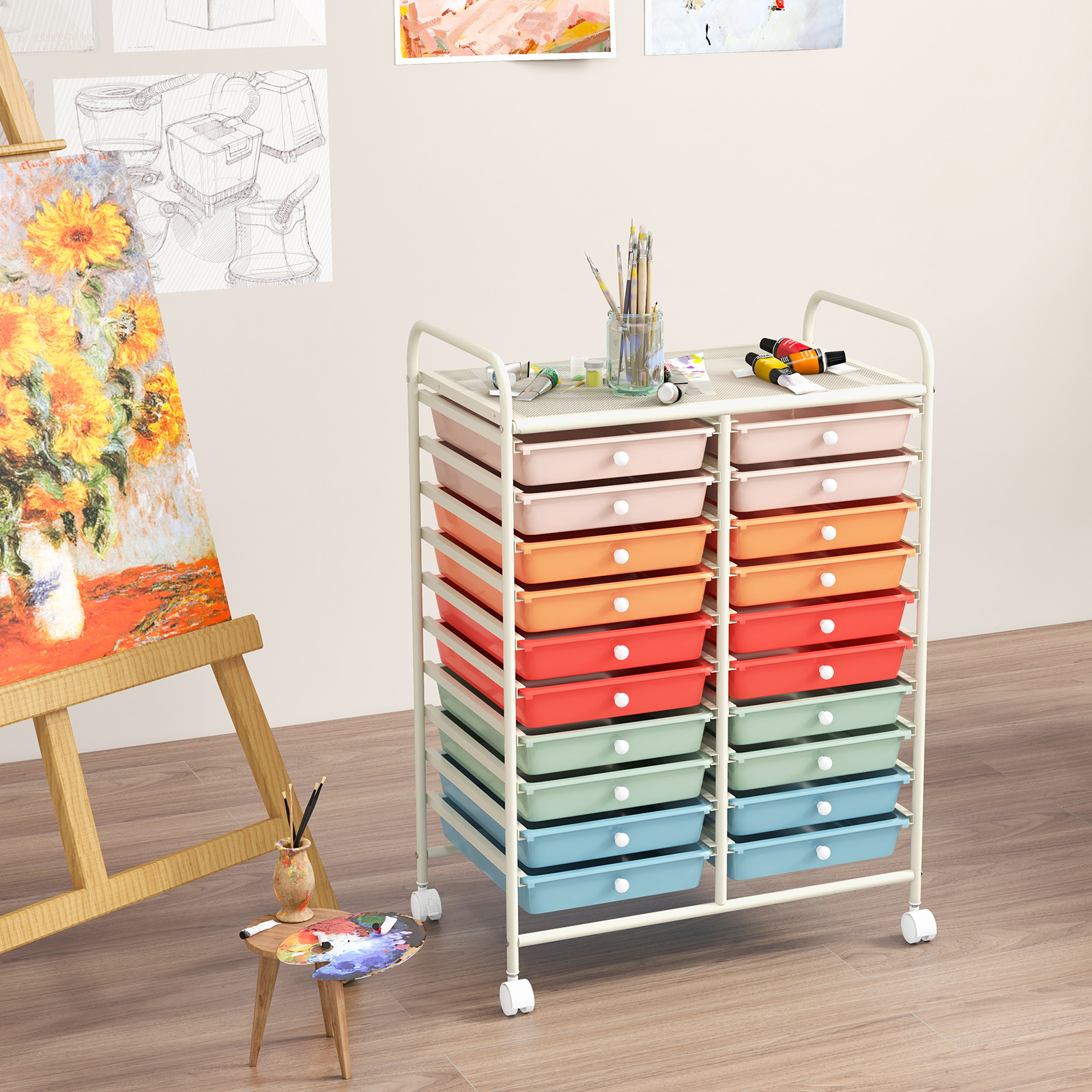   20 drawer heavy duty rolling storage cart with lockable casters 500lb capacity mobile utility cart removable drawers durable plastic construction 20 drawer organizer with top   for home office classroom craft room