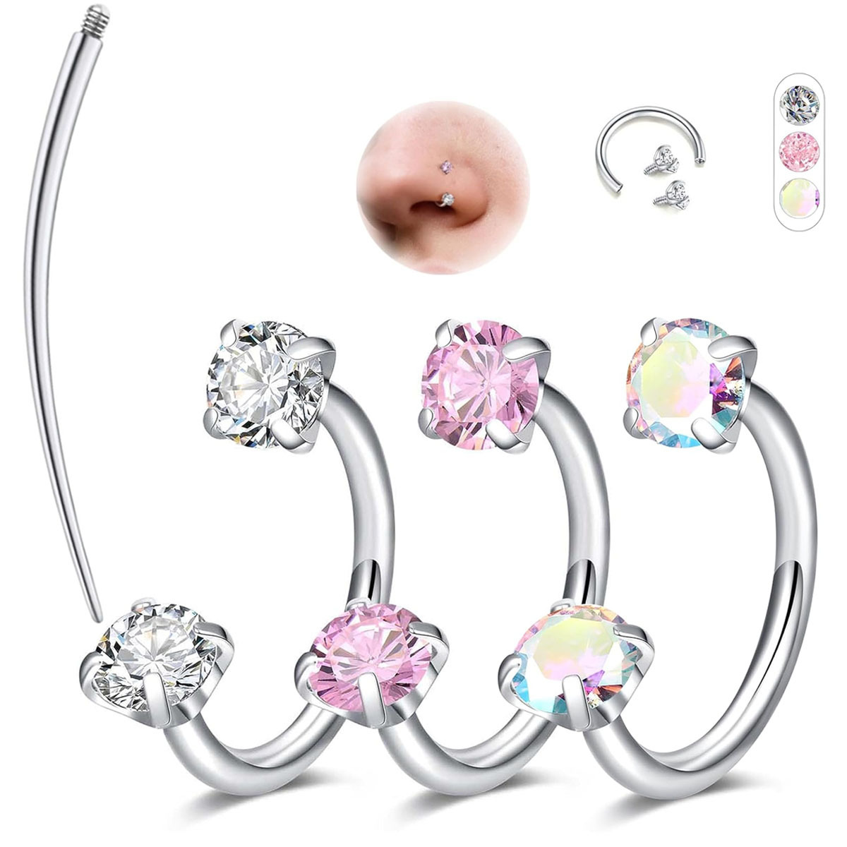 TEMU Set anelli per naso a ferro da 16G per , set di gioielli per piercing a ferro da 8 mm e argentato, anelli per naso a ferro con gemma, chirurgici