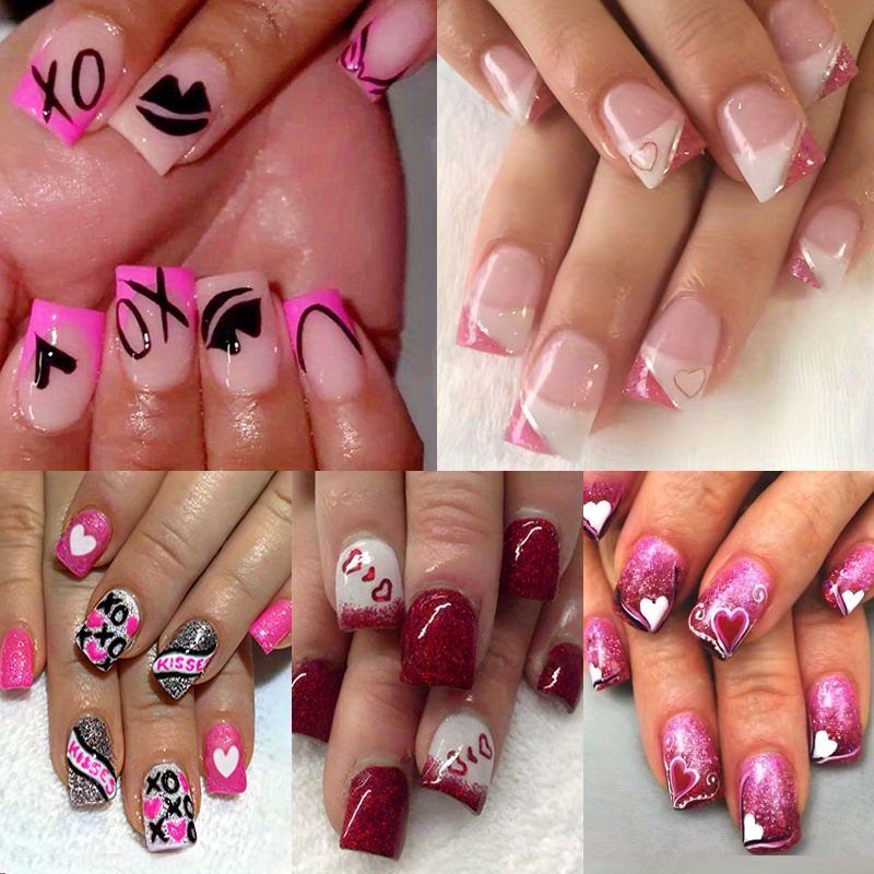 TEMU 120pcs (5pcs) Valentine's Day & Black Heart Stripe Letters Shortsquare Press-on Nails With Jelly Glue, Removable False Nail Set -includes File Sticks