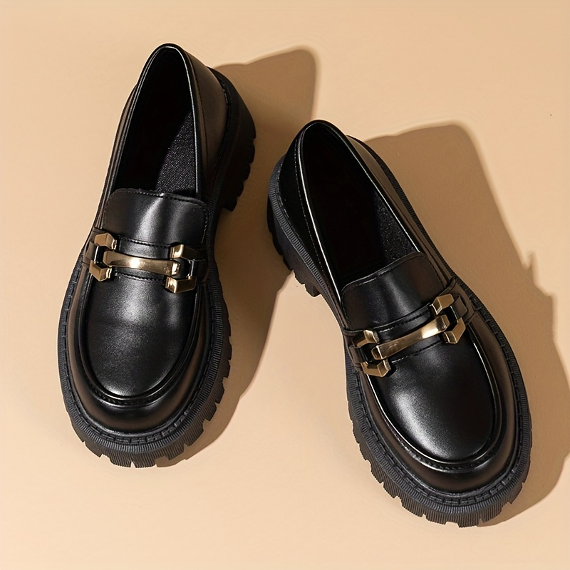 womens fashionable black platform loafers double buckles Temu