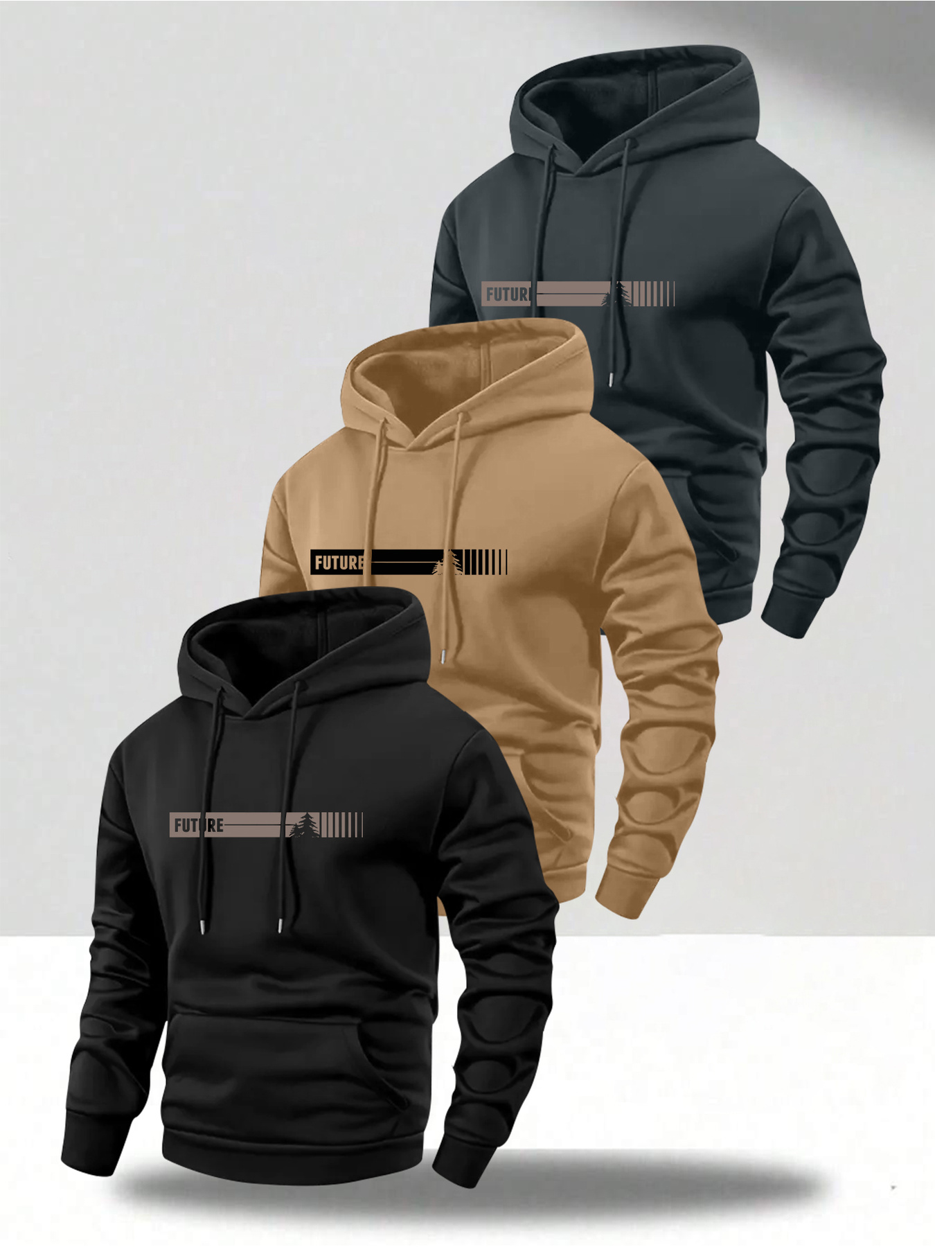 Men's 3pcs Hooded Sweatshirt Set, Long Sleeve Pullover with Kangaroo Pocket and Drawstring Hood, Graphic Print Streetwear for Gym, Jogging, Outdoor Activities, Machine Washable Casual Autumn/Winter Sportswear, Ideal for Daily Wear and Outdoor Use