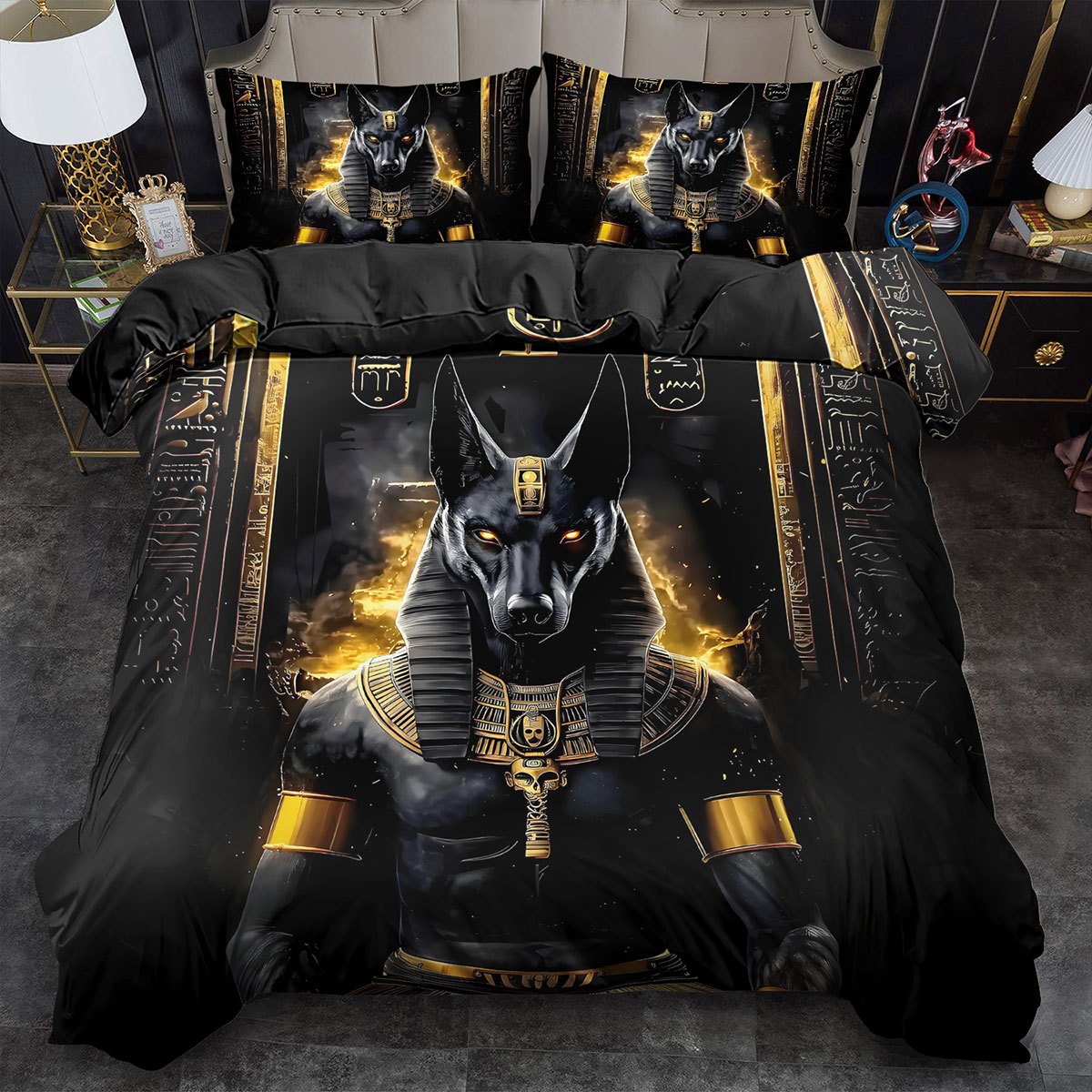 Bedding Set Egyptian Anubis God Print Duvet Cover Set King Queen Style Quilt Cover Bedroom Decor Guest Room 2/3pcs 2D Flat Printing (Includes 1 Duvet Cover + 1/2 Pillowcases) No Quilt Core Machine Washable Polyester, 2D Flat
