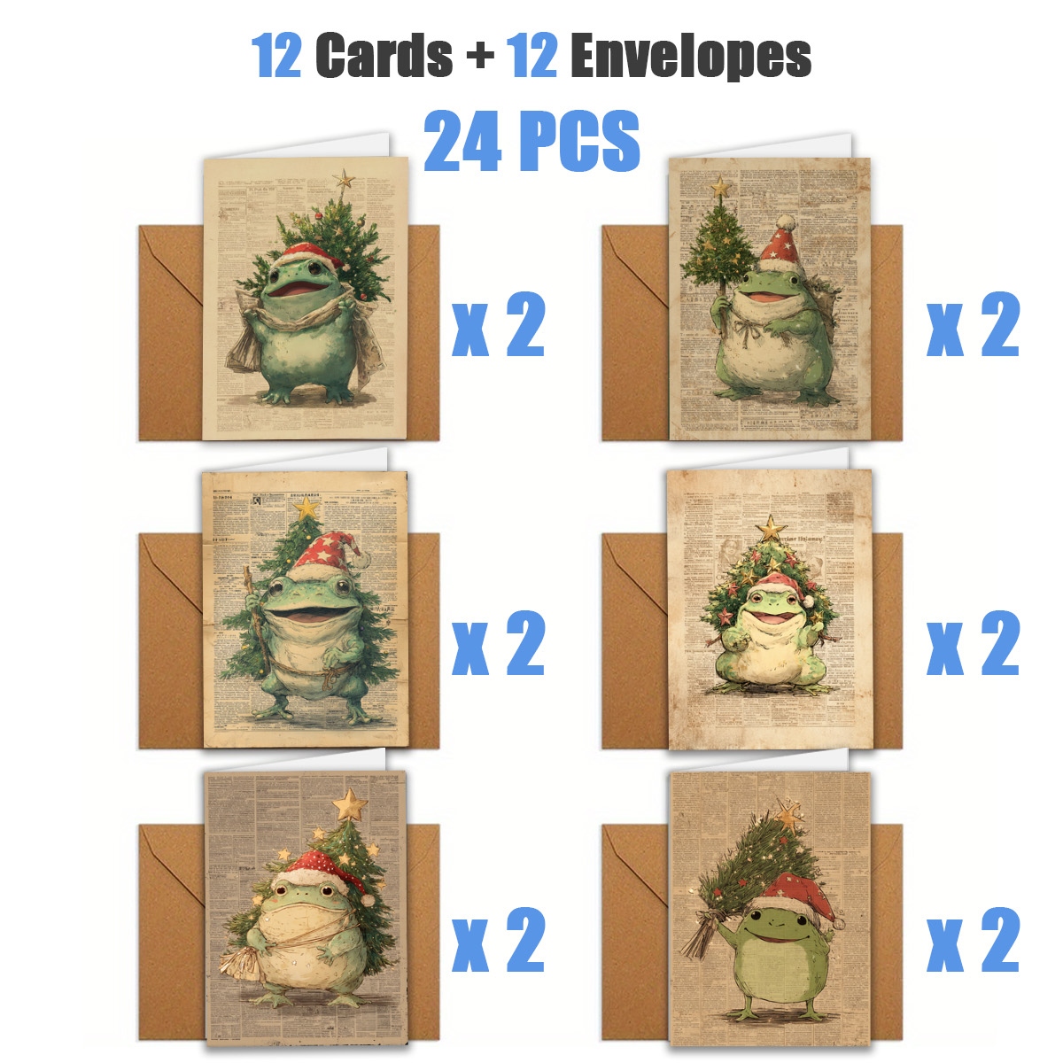 TEMU 1set/ 12pcs/ 24pcs Christmas Tree And Frog Wearing A Hat Greeting Cards | Includes Envelopes, Greeting Cards | Perfect For Birthdays,