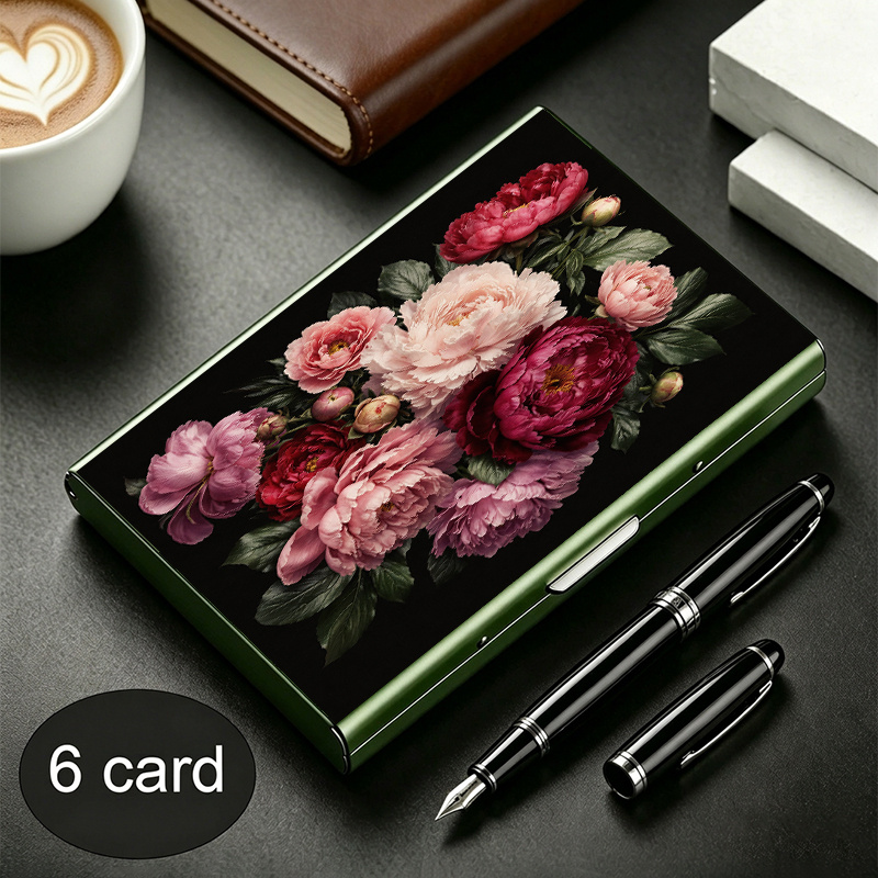 TEMU 1pc 2d Printed Peonies Floral Colorfulstyle High End Metal Rfid Anti Theft Card Holder Fashionable Multi Colour Metal Wallet Multi Compartment