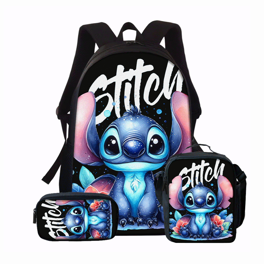 

3pcs Stitch Rose Backpack Set For Men And Women, Including Bag, Pencil Case, And Lunch Box. Student Backpack Suitable For Genders, Large Capacity For Daily Commuting.