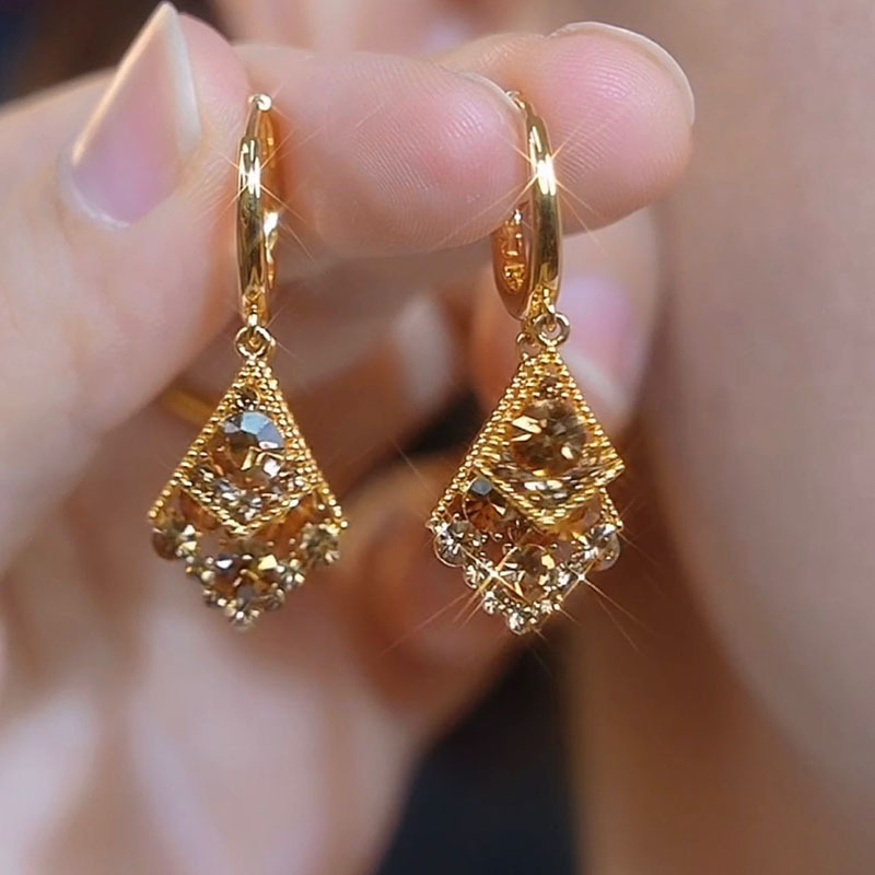 Trendy 2024 High-quality Brown Geometric Double Layer Rhombus Earrings For Women, Perfect For Any Outfit