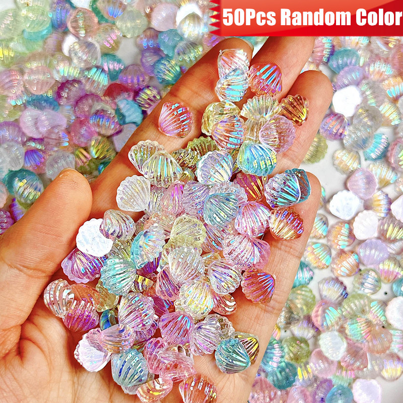 TEMU 50pcs Random Color, Mixed Cute Sweet Mini Aurora Colored Scallop Shells For Nail Art Accessories- Perfect For Nail Decoration Additions, Crafts