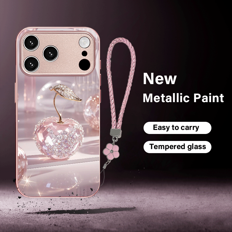 TEMU Phone Case - Shining Diamond New Lanyard Tempered Glass Phone Case For