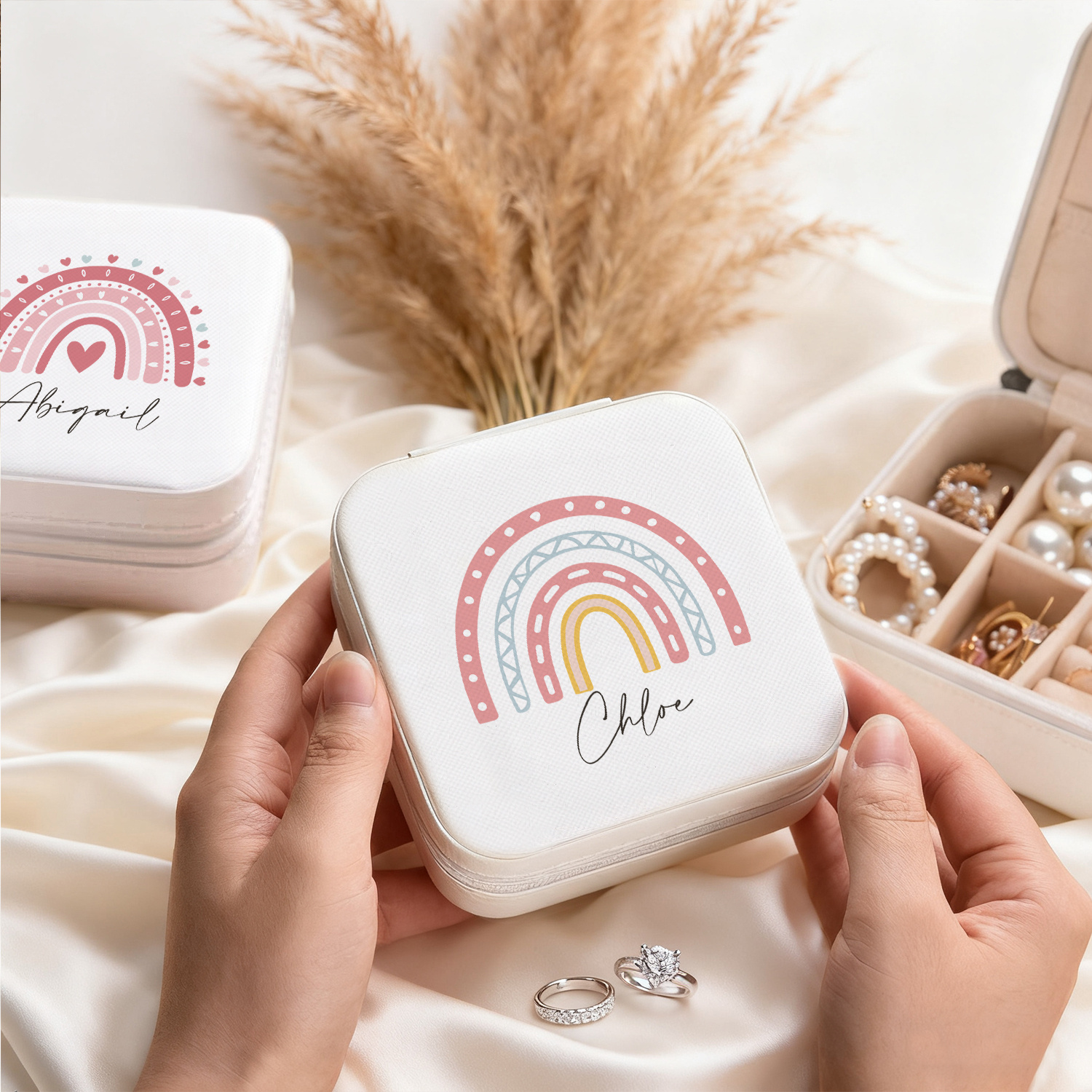 Personalized Name White Jewelry Organizer Box with Rainbow Design
