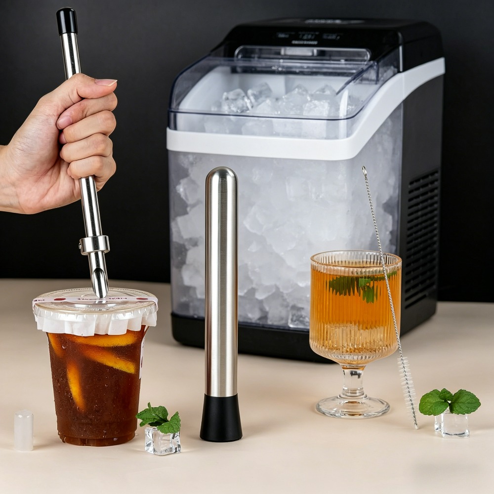 TEMU Perceuse à paille pour couvercles en plastique, outil de perforation de tasse à paille en acier inoxydable avec muddler et brosse de nettoyage,