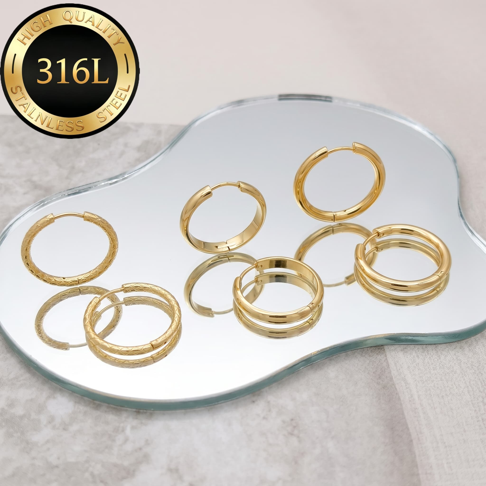 TEMU Lot de 6 boucles d'oreilles en acier inoxydable de haute qualité, hypoallergéniques, mixtes avec texture de bague dorée, confortables et