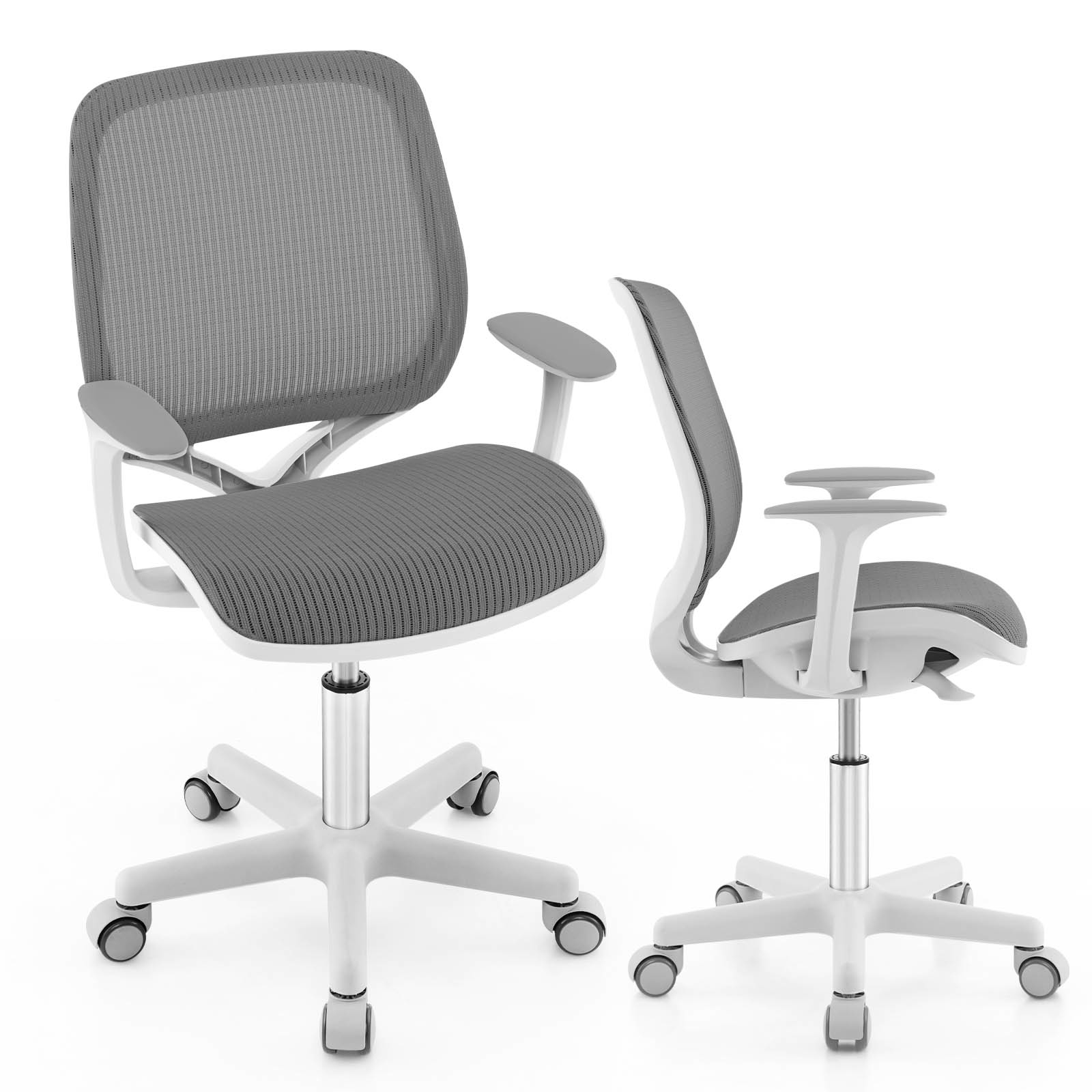 Image of Adjustable Height Kids Mesh Study Chair With Swivel Base & Smooth-rolling Wheels - Ergonomic Computer Desk Chair Suitable For &, Plastic Frame, Cushioned For, Bedroom, Home Office, Assembly, Gray