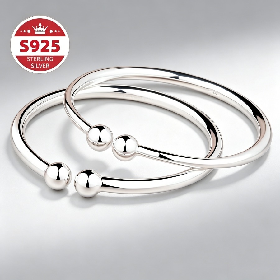 TEMU Parure de 2 bracelets simples et tendance pour femme, en argent sterling S925, , ronds, nacrés, d'ail, pour un port , pour la Saint-Valentin, la