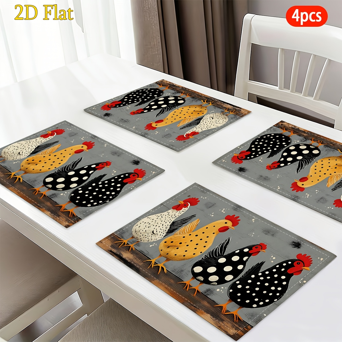 TEMU Of 4 Cute Spotted Chicken Placemats Ideal For Kitchen Use, Camping, Easter Table Decoration, Thick Enough For Home Dining, Party Table