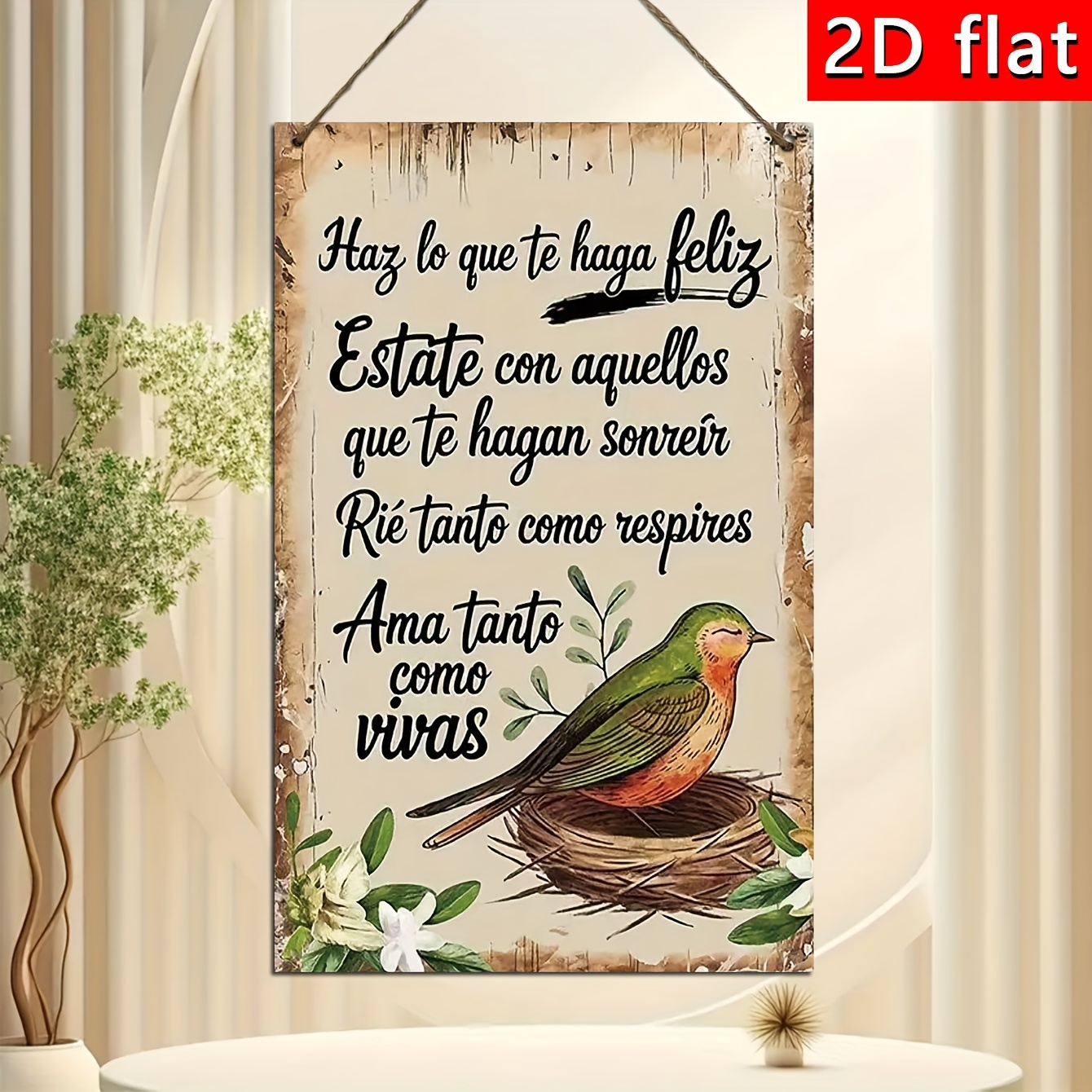 TEMU 2D, Impresión en Madera 2D, Un Letrero de Pared Vintage de Madera " Autoaceptación", Placa de Madera con en Español con Patrones de Pájaros y