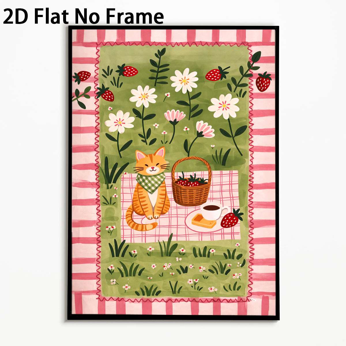 TEMU 2d Flat, 1pc 2d Flat Picnic Cat And Strawberry Theme Art Posters Cartoon Illustration Style Wall Decoration Unframed Canvas Printing Home