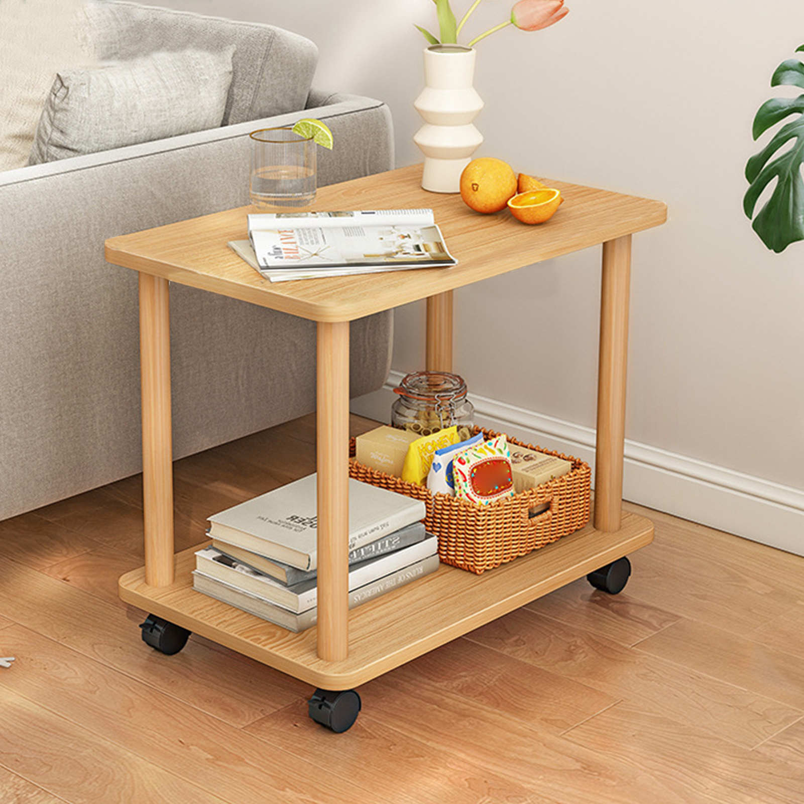 Image of 360 Degree Swivel Solid Wood Legs Easy Assembly Side Table 2 Tier Open Shelf Sofa Small Tea Table