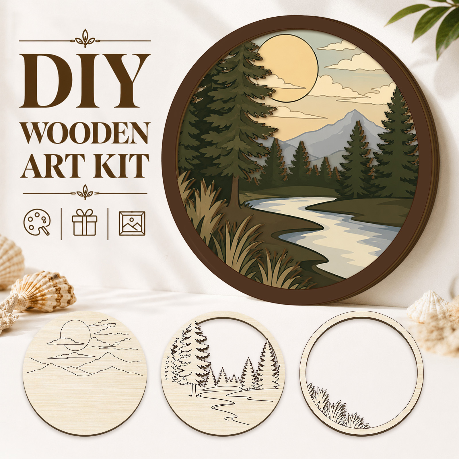 TEMU Ensemble d'art en bois à 3 niveaux, décoration murale paysage naturel plat 2D, étagère créative pour bureau, décoration de maison, cadeau, plat