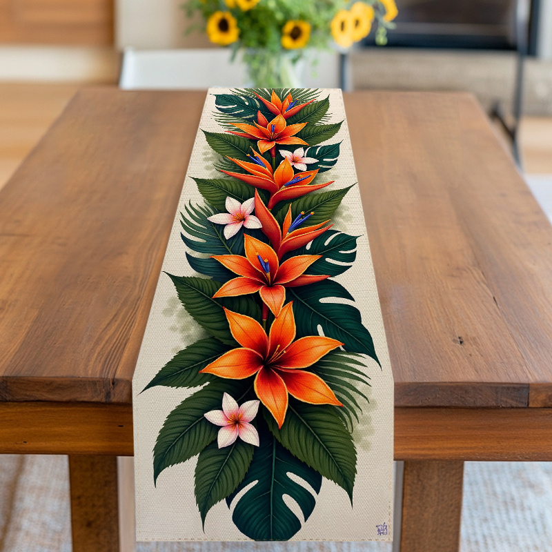 TEMU 1pc Table Runner - Fleurs vibrantes d' et de plumeria avec des feuilles de palmier , tissu en polyester, parfait , ou la décoration de