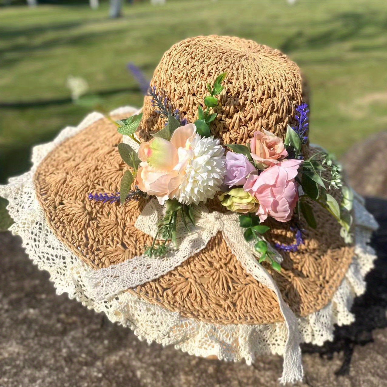 ladies handmade crochet rose straw hat wide brim summer - Temu