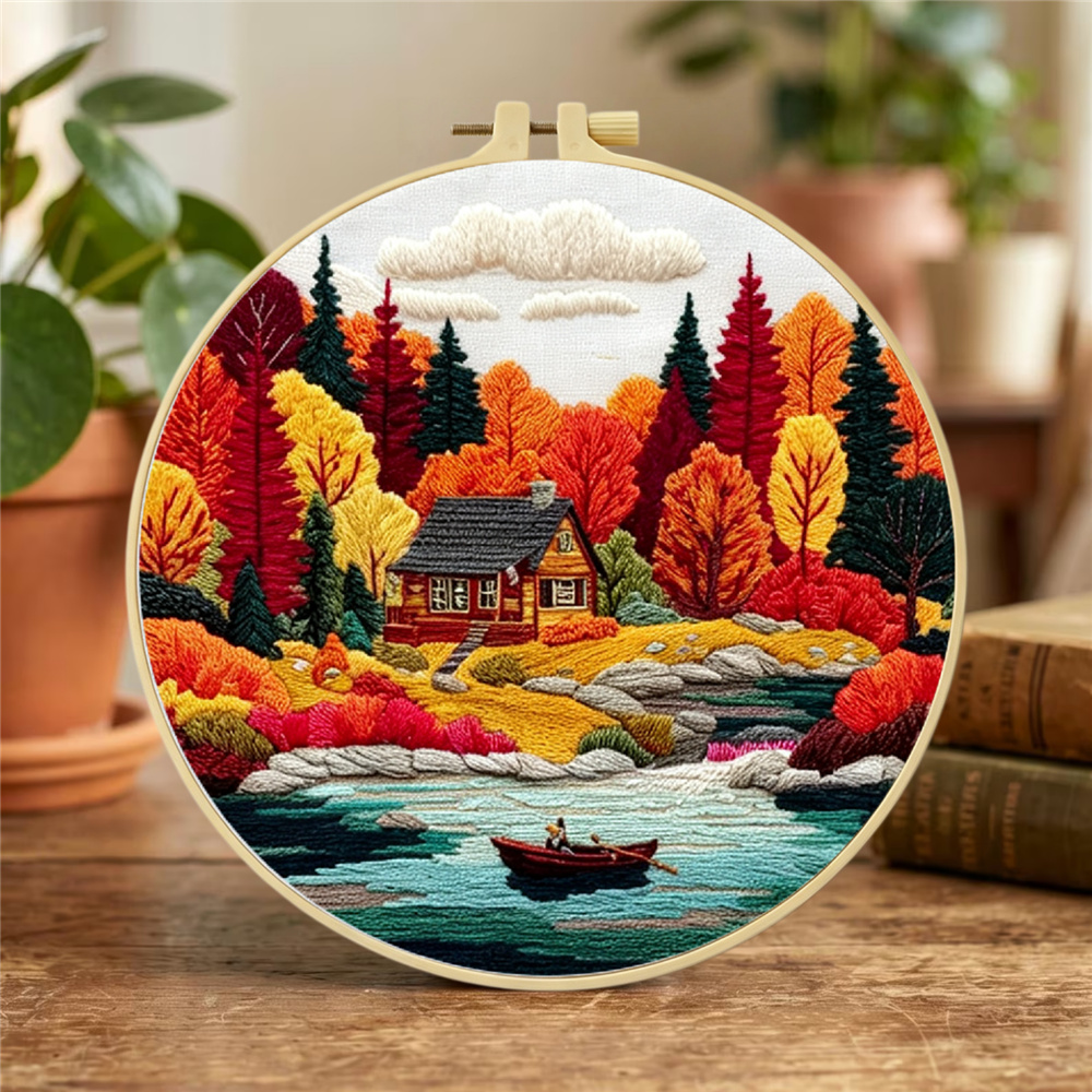Embroidery Kit, Autumn Lakeside Cabin Design