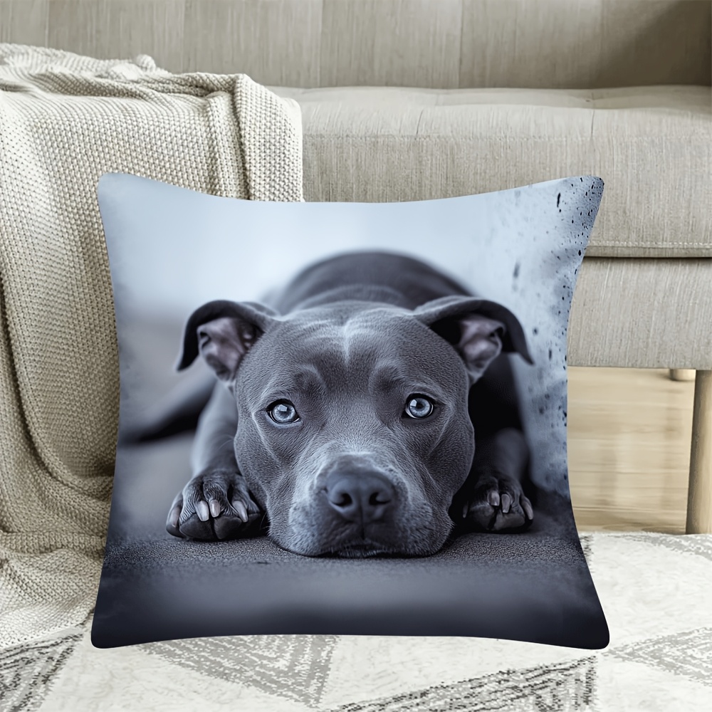 TEMU 1pc Pillowcase, Vintage Style Gray Staffordshire Bull Terrier Print Pillowcase, 45cm X 45cm, Machine Washable, Zipper Closure, Soft Short Plush