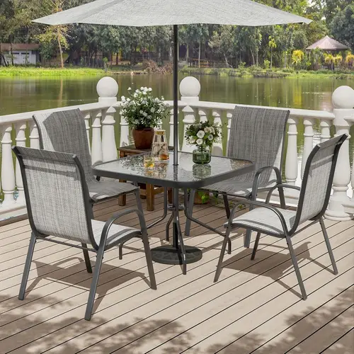 patio dining set for 5 outdoor table and chairs set with textured glass table 4 stackable patio chairs outdoor furniture set for deck garden backyard lawn poolside light grey