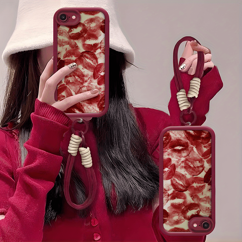 TEMU Phone Case - Phone Cases Featuring Wine Red Lips Design For Iphone 7, 8, Se2, And Se3, Equipped With A Lanyard Suitable For All Genders. Are