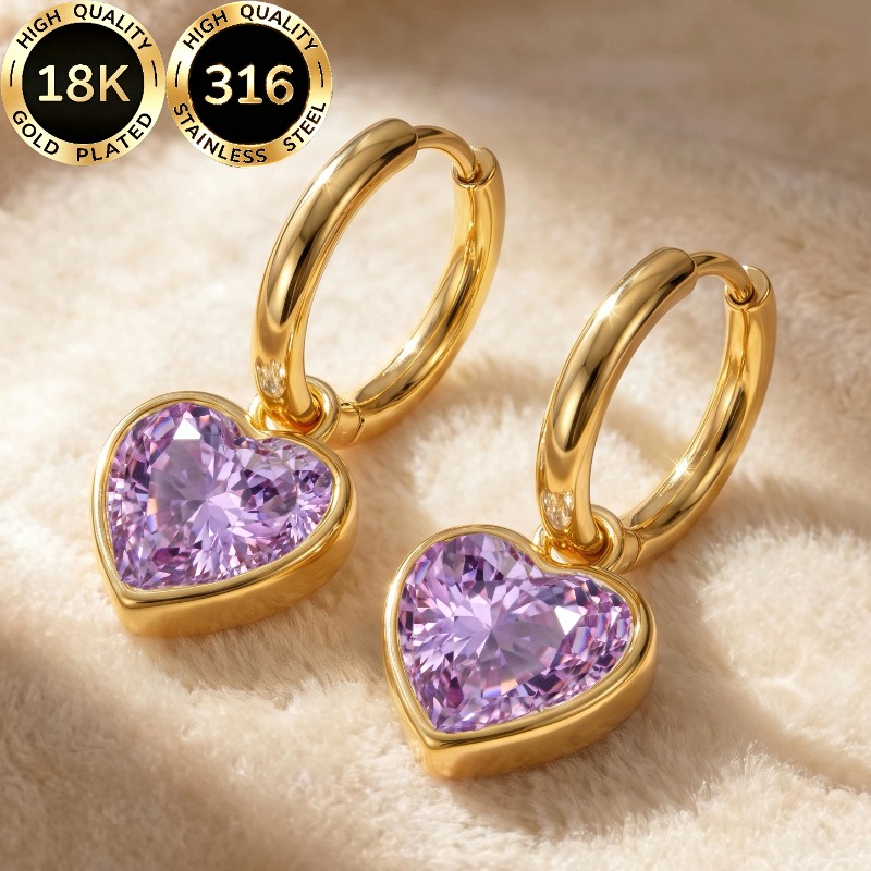 TEMU 1 Pair High-quality Steel 18k Golden Plated Hypoallergenic Face-shaping Light Luxury Sweet Sparkling Heart-shaped Purple Synthetic Zirconia