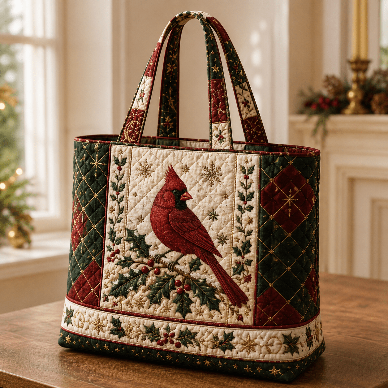 Image of 17 X 15 Inch Quilted Tote Bag For Women, Vintage Holly Branch Christmas Tote With Red Green Quilted Design, Soft Handheld Bag, Large Capacity School Work Bag For Daily Use Weekend Gym