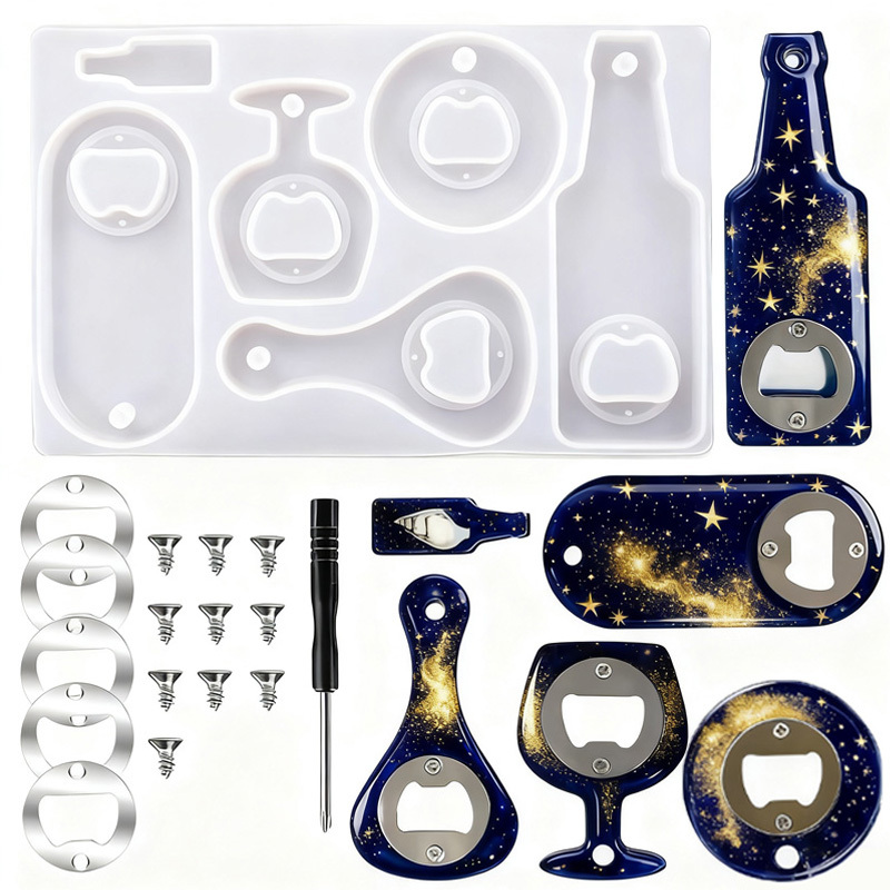 E-shop 22-tlg. Flaschenöffner-Harzformen-Set für DIY-Bieröffner-Silikonformen – Vielseitige Epoxidharz-Gießformen für Weinkorkenzieher, Bieröffner