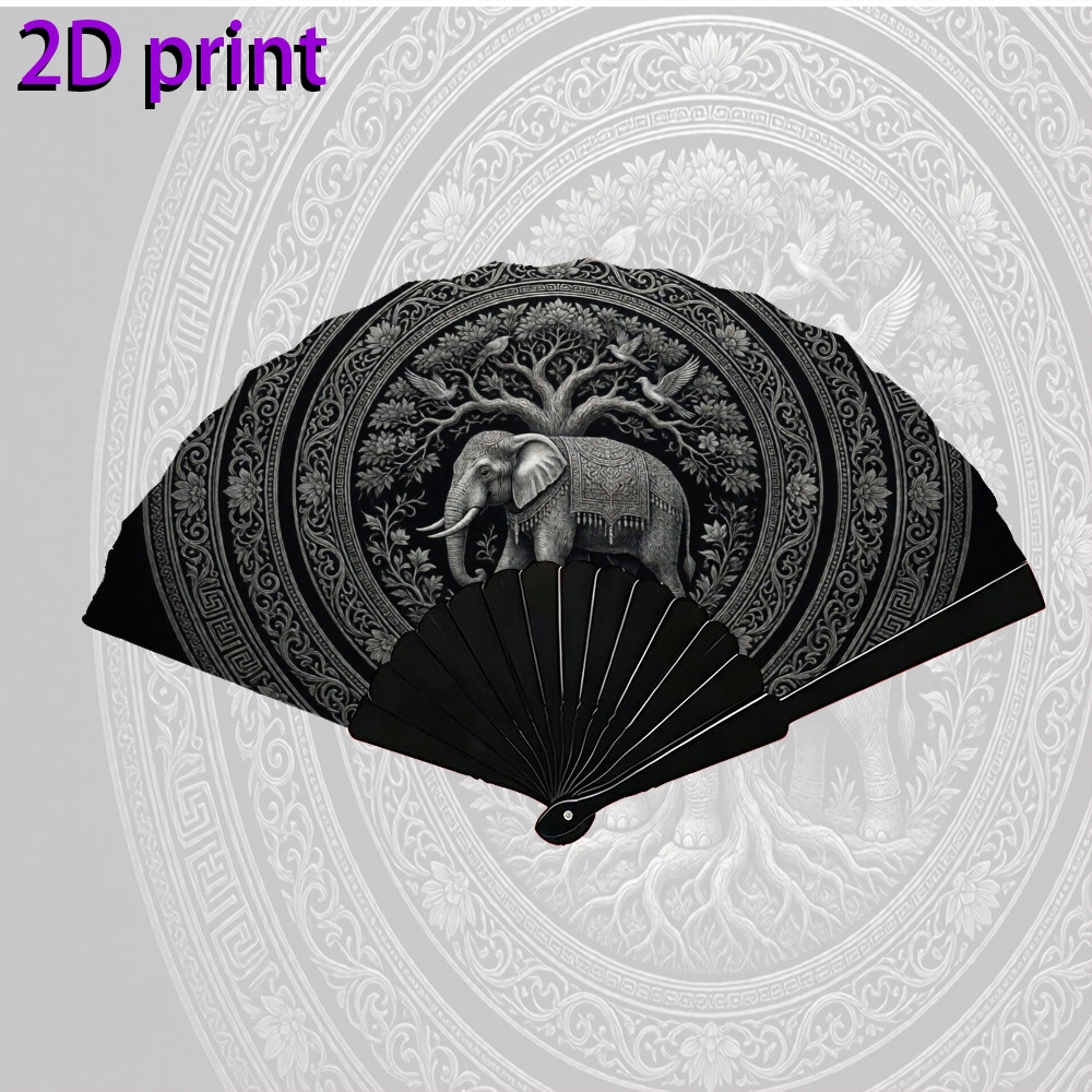 TEMU 2d Flat, 1pc Of Exquisite Printed Folding Fan With 2d Silver Pattern Featuring An Elephant And , Handcrafted With Decorative , Suitable For