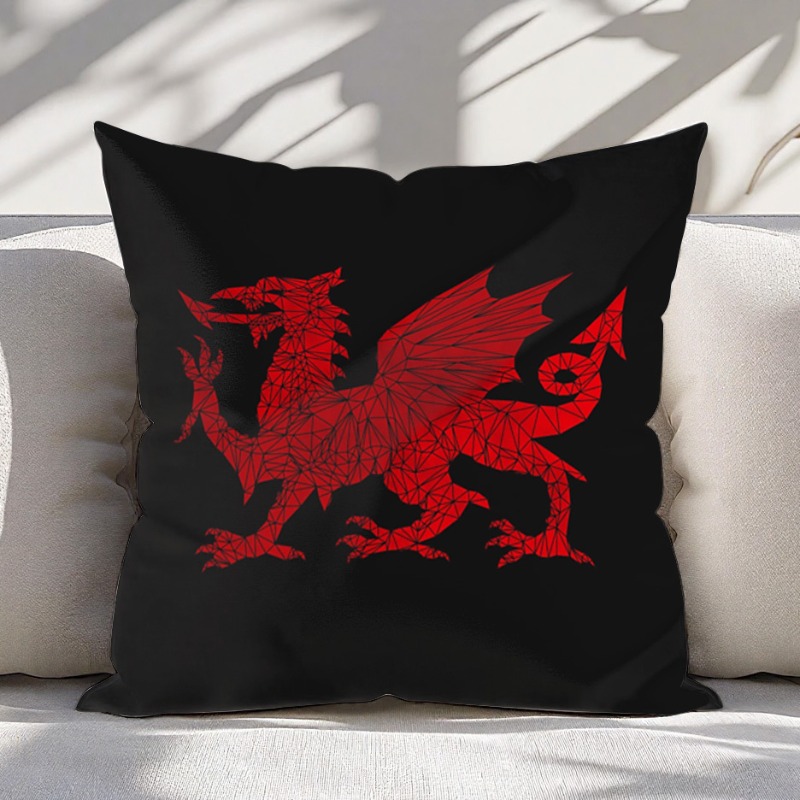 TEMU 1 Welsh Dragon Geometric Pattern Pillowcase - Double-sided Print Vintage Design, 18x18 Inch Polyester Cushion Cover With Zipper, Machine