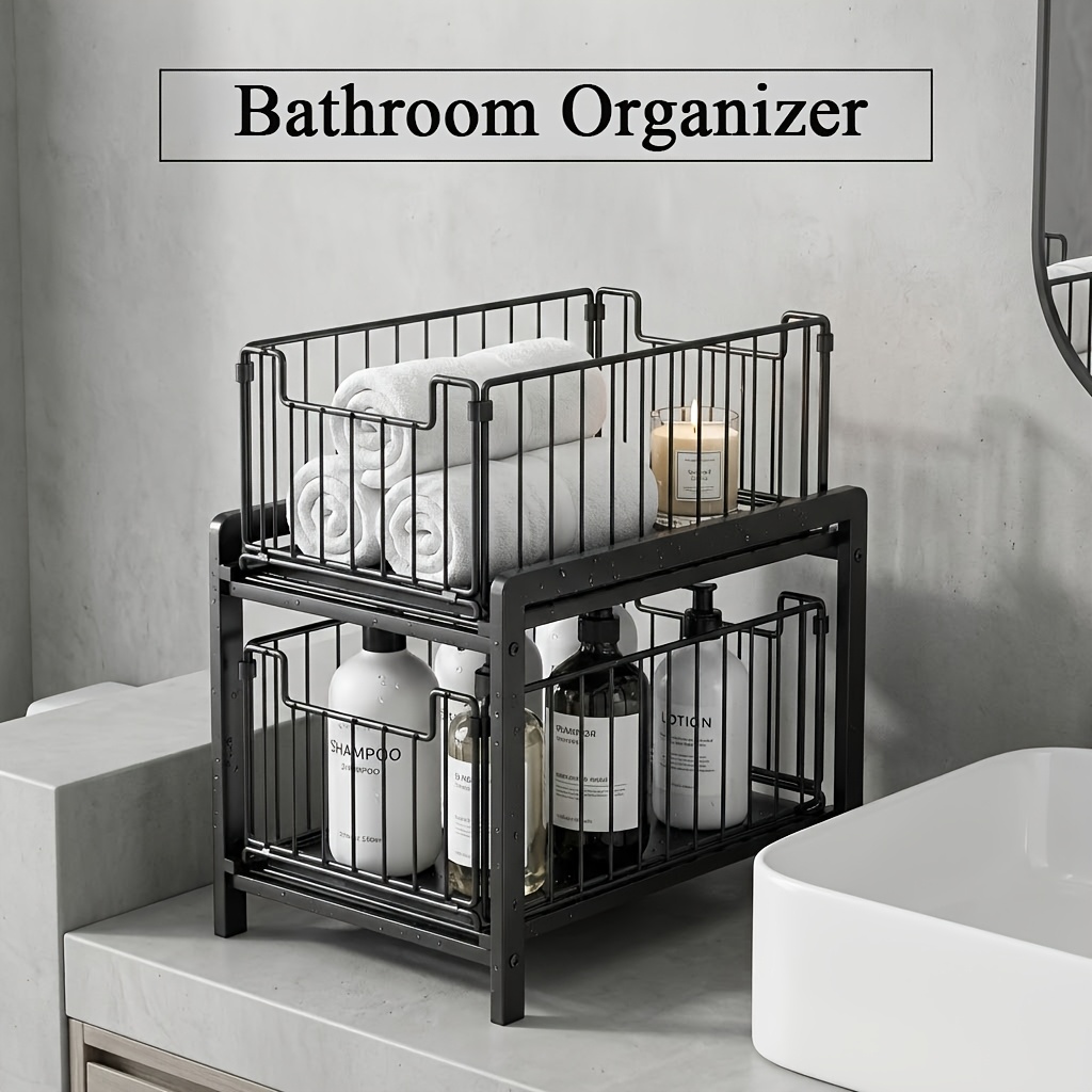 A Double-layer Sink Storage Rack With Handles For Sliding Cabinet Baskets, Featuring Pull-out Drawers, Suitable For Kitchen Pantries, Bathrooms, And Spice Organization - Black, Utility Racks