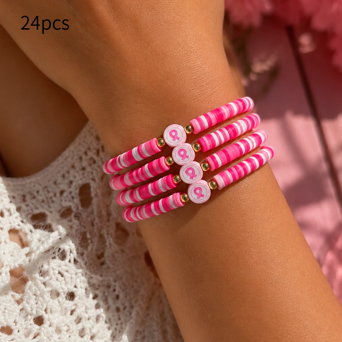 TEMU 24pcs Macaron Clay Disk Round Bead Breast Cancer Awareness Hand Jewelry, Women' Bracelet Set, Suitable For Charity Theme Activities, , Daily