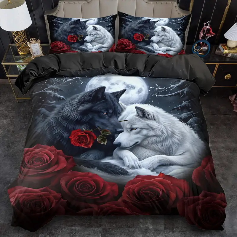 wolf bettwäsche tier bettbezug set rote rosen deckenbezug