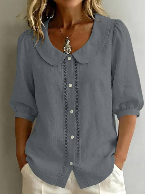 womens 2026 summer casual blouses peter pan collar eyelet trim tops solid color 3 4 puff sleeve button shirts comfy breathable loose fit casual tees for daily wear ladies