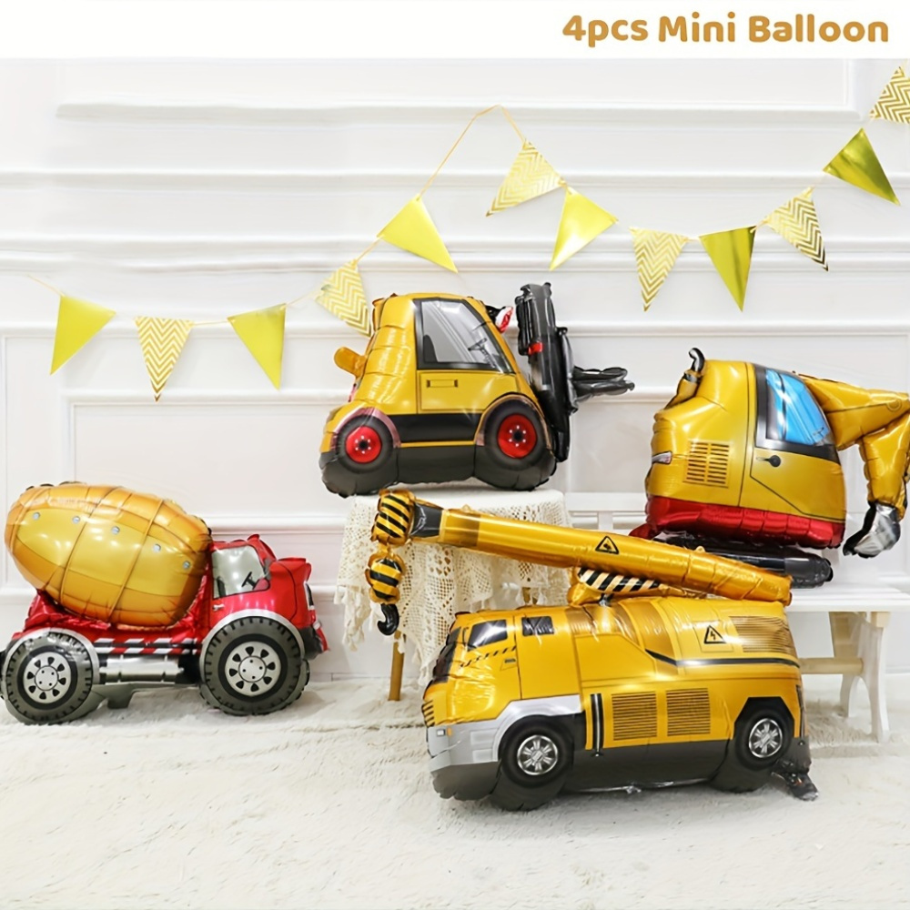 4pcs Mini Construction Theme Engineering Truck Foil Balloons Suitable For Construction Theme Birthday Party Decorations, Decor, Outdoor Party Decor, Halloween Decorations, Christmas Decorations
