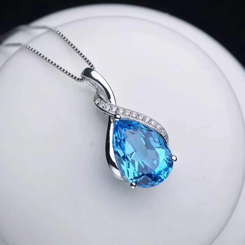 TEMU High Quality 925 Silver Blue Natural Topaz Pendant Clavicle Necklace, Exquisite Suitable For Daily Parties And Occasions, As A Gift For Or