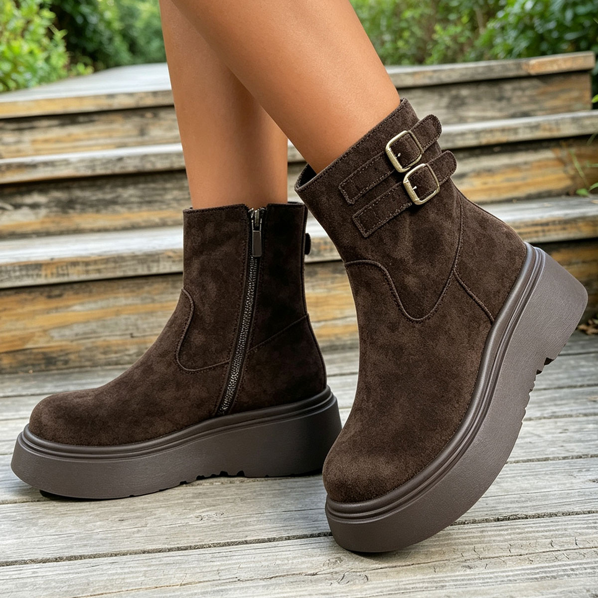TEMU Women's Fashion Autumn New Style Boots, Western Style Platform Mid-calf Boots, Round Toe Vintage Motorcycle Boots, Suitable For Pairing With
