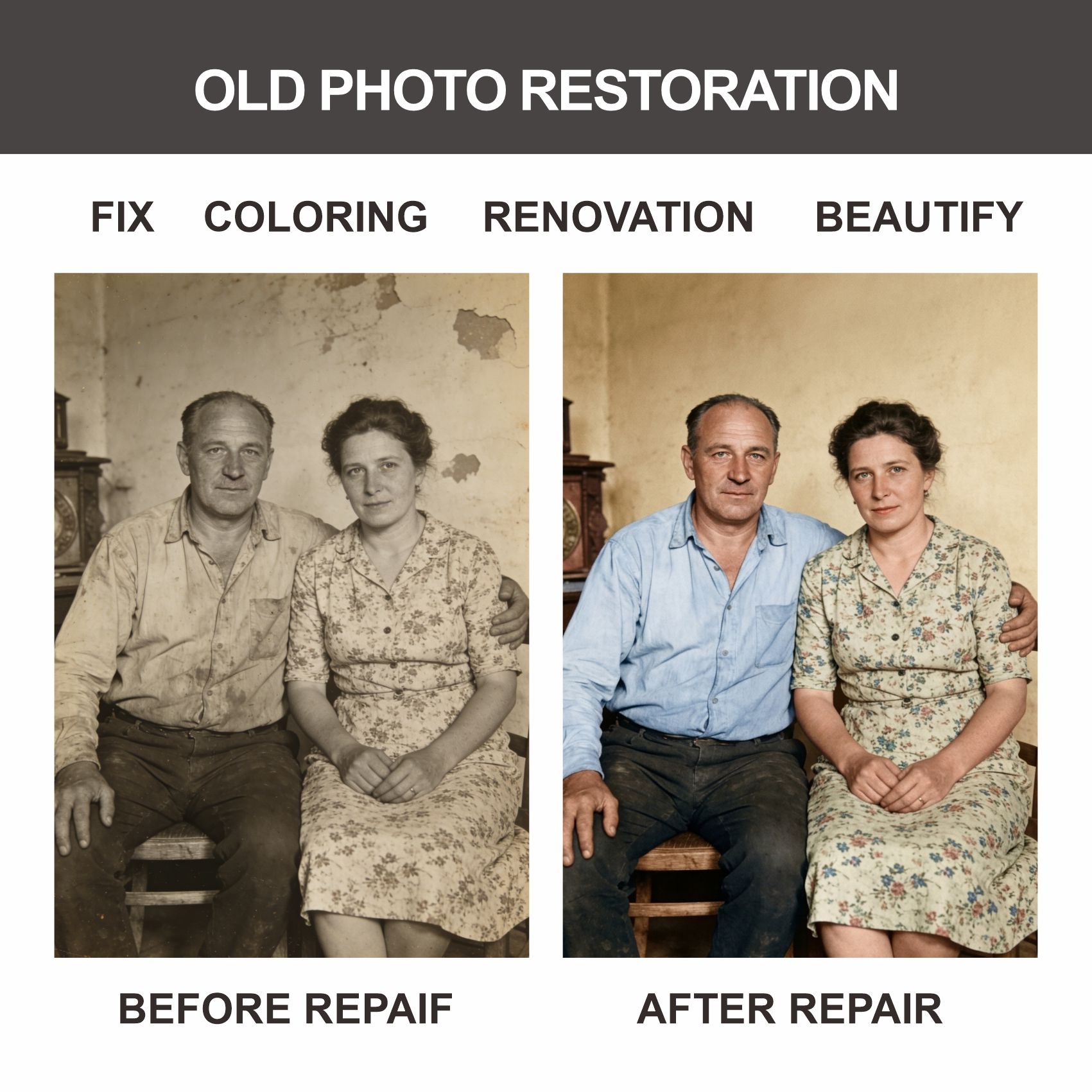 E-shop Professioneller Foto-Restaurierungsservice geeignet zur Reparatur von Unschärfen, Rissen, Verblassen & Kratzern – geeignet zur Kolorierung alter