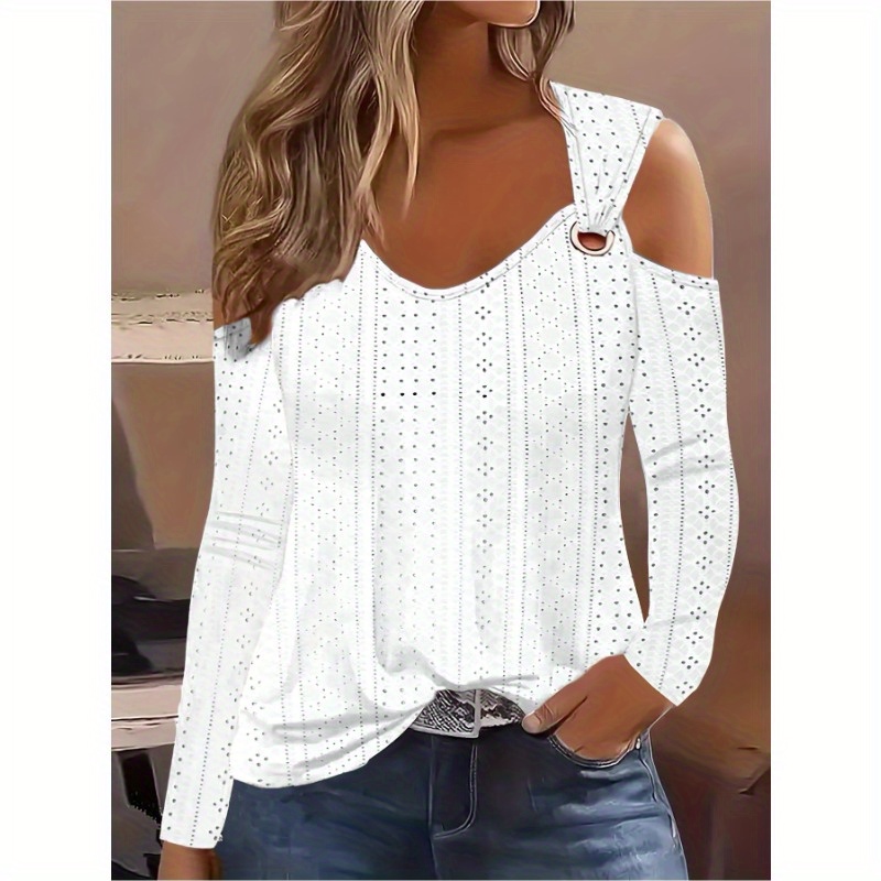 

Eyelet Cold Shoulder T-shirt - Fashionable Long Sleeve Top For Spring & Fall - Stylish Womens Casual Wear With Detailing - Ideal For