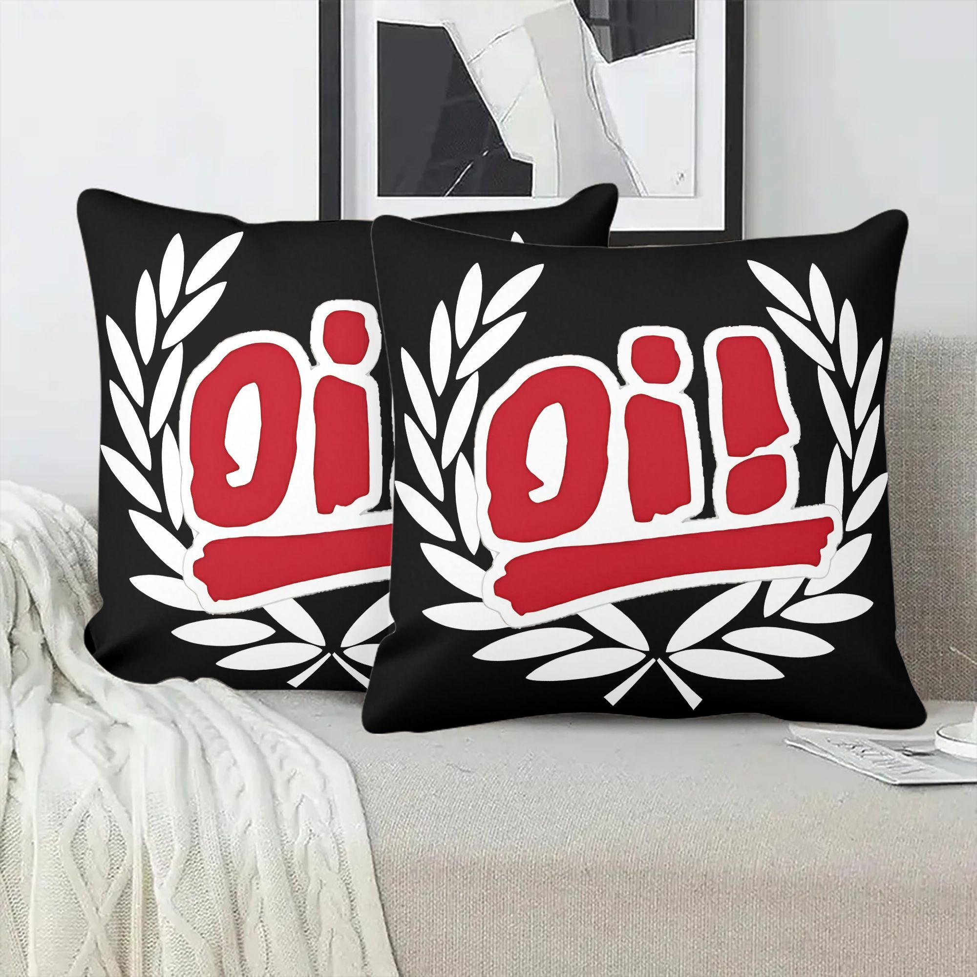 TEMU 2d Printed 2pcs Pillowcase Set, Trendy Style With Black And White Background Featuring Red And White "oi!" Letters And White Leaf Pattern.