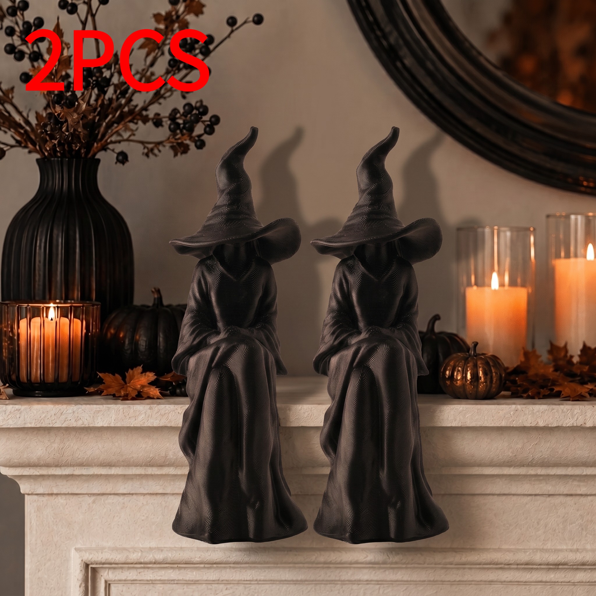 TEMU 2pcs Set Of Faceless Witch Ornaments, Black Sitting Witch Wall Decor, Gothic Style Halloween Living Room, Bookshelf, Entrance, And Porch