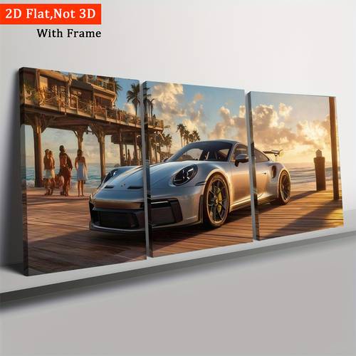 item picture 2d flat wall decoration 2d flat set 3pcs framed triptych car by sunset on beach living room decor multi functional canvas painting suitable for office study living room bedroom high definition printing elegant ornament