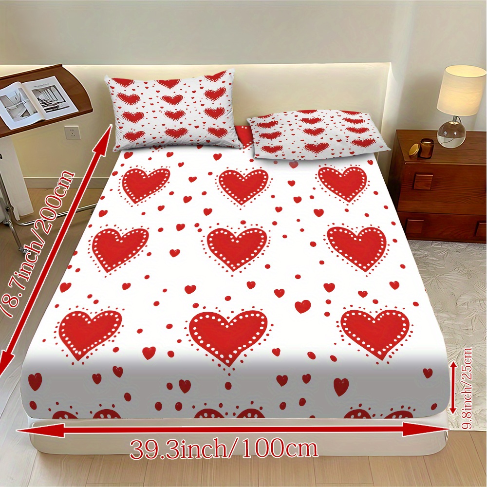 3pcs valentines day bedding set red hearts on white fitted sheet pillowcases soft mattress protector with deep pocket   to   machine washable   sheets for couples hotels dorms   design dorm essentials romantic decor durable construction hotel owners Product details 7