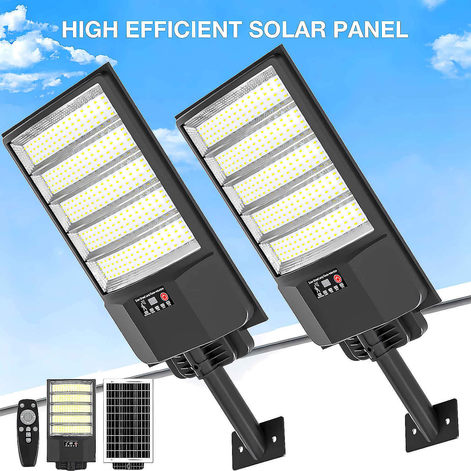 TEMU 2pcs 360 Led Solar Street Light, 6500k Daylight Wide-angle Outdoor Flood Light, Ip65 Waterproof, Dusk-to-dawn With Wide-angle Motion Detector, 3