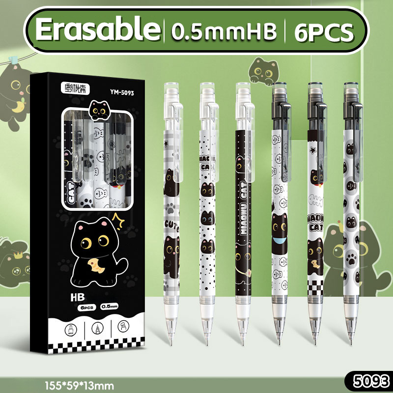 Image of 6pcs/set Black Cat Themed Push Button Mechanical Pencils, High Aesthetic, Smooth Writing, Resistant To Lead Breakage, 0.5mm Hb, Includes Eraser, School And Office Supplies, Back-to-, New Year Gift